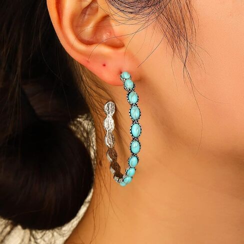 Natural Turquoise Dangle Metal Large Oval Earrings Vintage Statement Teardrop Earrings Bohemian Delicate Hoop Earrings for Women(Hoop Earring) in Kuwait