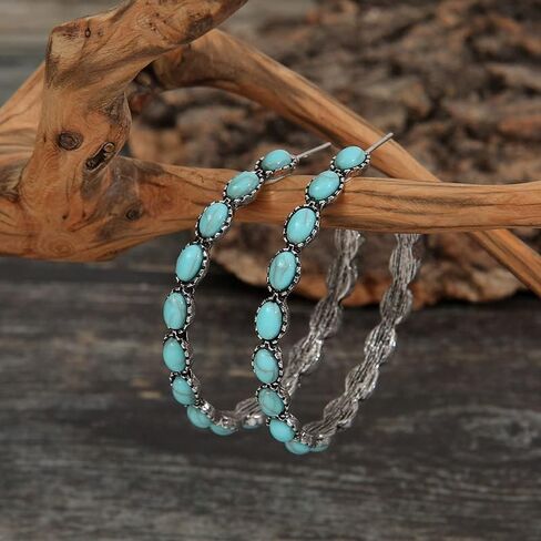 Natural Turquoise Dangle Metal Large Oval Earrings Vintage Statement Teardrop Earrings Bohemian Delicate Hoop Earrings for Women(Hoop Earring) in Kuwait