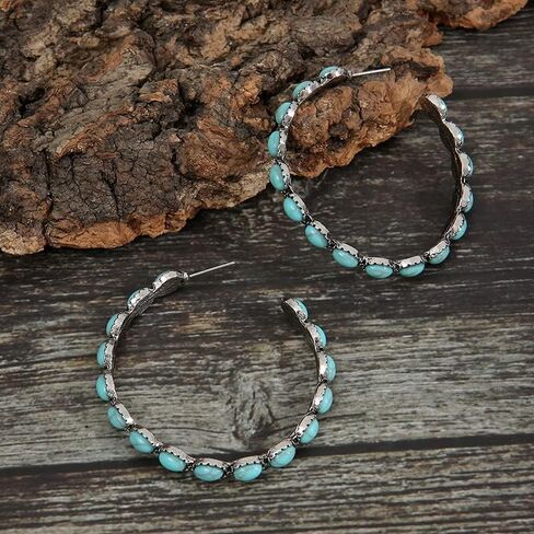 Natural Turquoise Dangle Metal Large Oval Earrings Vintage Statement Teardrop Earrings Bohemian Delicate Hoop Earrings for Women(Hoop Earring) in Kuwait