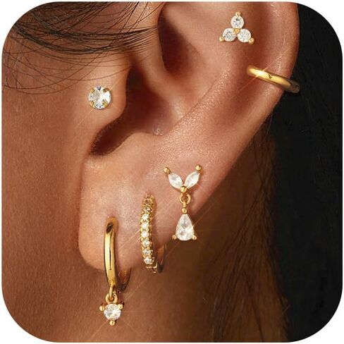 adoyi Gold Hoop Earrings Set for Women Hypoallergenic Surgical Steel Earrings Flat Back Studs for Sensitive Ears 14K Gold Plated Samll Stainless Steel Cartilage Huggie Earring for Women Jewelry in Saudi Arabia
