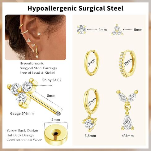 adoyi Gold Hoop Earrings Set for Women Hypoallergenic Surgical Steel Earrings Flat Back Studs for Sensitive Ears 14K Gold Plated Samll Stainless Steel Cartilage Huggie Earring for Women Jewelry in Saudi Arabia