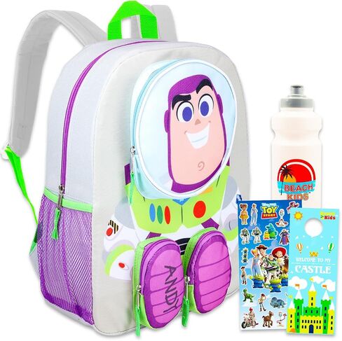 حقيبة ظهر Disney Buzz Lightyear للأولاد - حزمة حقيبة كتب Buzz Lightyear مقاس 16 بوصة مع جيوب أمامية ثلاثية الأبعاد، زجاجة مياه، ملصقات، المزيد | حقيبة ظهر Toy Story للأطفال والأولاد والبنات in Kuwait