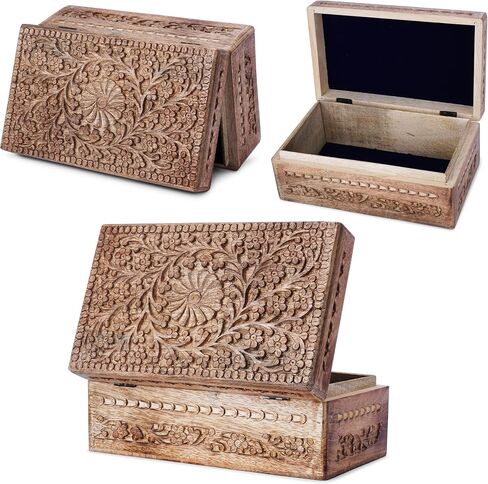 Ajuny Wooden Handcarved Decorative Jewelry Storage Box Flower Design Multipurpose Treasure Chest Keepsake Organizer Necklaces Watch Boxes Great for Gifts 10x6x4 Inch in Kuwait