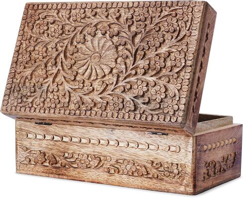 Ajuny Wooden Handcarved Decorative Jewelry Storage Box Flower Design Multipurpose Treasure Chest Keepsake Organizer Necklaces Watch Boxes Great for Gifts 10x6x4 Inch in Kuwait