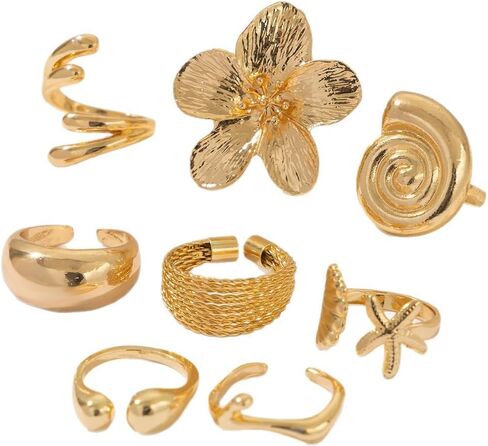 Gold Rings for Women Gold Plated Adjustable Stacking Rings Flower Star Shell Round Curved Chunky Rings Adjustable Women's Jewelry in Saudi Arabia