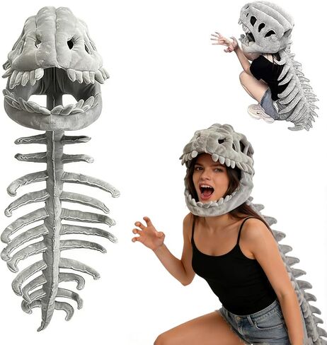 Dinosaur Skeleton Costume Cozy Silly Dino Plush Skeleton Costume 3D Skull Mask Spine Halloween Outfit Props in Saudi Arabia