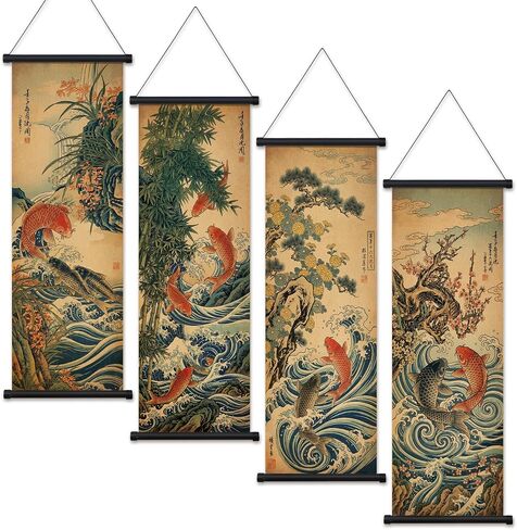 Geosar 4 Pcs Sets Japanese Wall Art Wall Scroll Hanging Painting Decor Japanese Koi Fish Flower Fengshui, Ancient Paintings Replica Asia Traditional Art, Attract Wealth Four Seasons in Kuwait