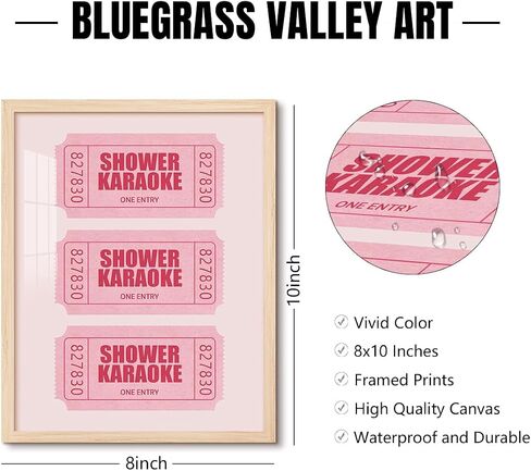 Funny Bathroom Wall Art Pink Shower Karaoke Ticket Canvas Poster Trendy Retro Girly Bathroom Art Decor Shower Singing Aesthetic Picture for Preppy Dorm Washroom Restroom Decoration, 8x10 Inch Framed in Saudi Arabia