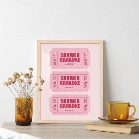 Funny Bathroom Wall Art Pink Shower Karaoke Ticket Canvas Poster Trendy Retro Girly Bathroom Art Decor Shower Singing Aesthetic Picture for Preppy Dorm Washroom Restroom Decoration, 8x10 Inch Framed in Saudi Arabia