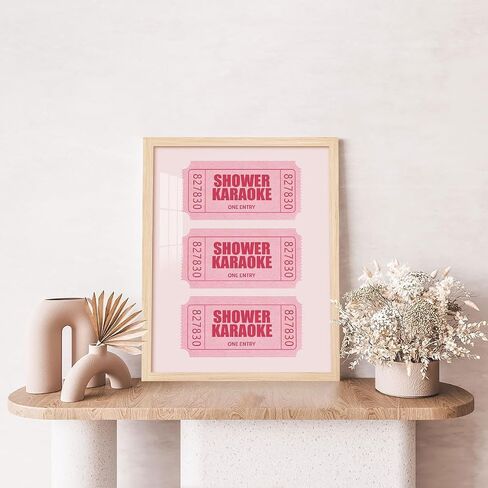 Funny Bathroom Wall Art Pink Shower Karaoke Ticket Canvas Poster Trendy Retro Girly Bathroom Art Decor Shower Singing Aesthetic Picture for Preppy Dorm Washroom Restroom Decoration, 8x10 Inch Framed in Saudi Arabia