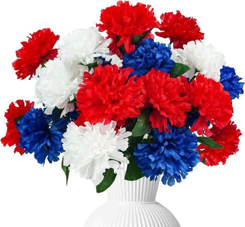 6Pcs Red White Blue Faux Mums Flowers for 4th of July Decor, Patriotic Memorial Bouquet Artificial Chrysanthemums for Home Independence Day, National Day, Memorial Day Decor in Saudi Arabia