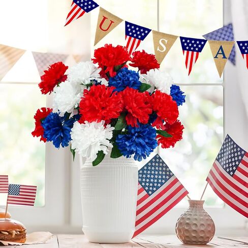 6Pcs Red White Blue Faux Mums Flowers for 4th of July Decor, Patriotic Memorial Bouquet Artificial Chrysanthemums for Home Independence Day, National Day, Memorial Day Decor in Saudi Arabia