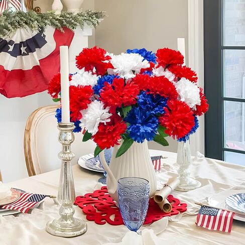 6Pcs Red White Blue Faux Mums Flowers for 4th of July Decor, Patriotic Memorial Bouquet Artificial Chrysanthemums for Home Independence Day, National Day, Memorial Day Decor in Saudi Arabia