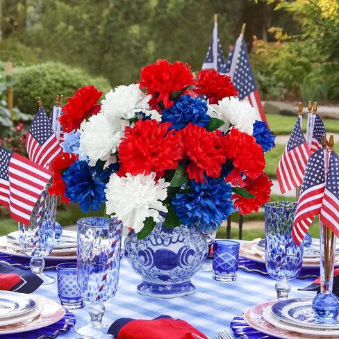 6Pcs Red White Blue Faux Mums Flowers for 4th of July Decor, Patriotic Memorial Bouquet Artificial Chrysanthemums for Home Independence Day, National Day, Memorial Day Decor in Saudi Arabia