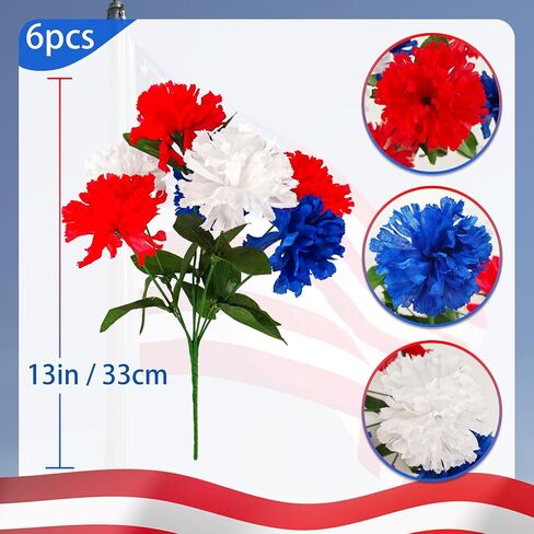6Pcs Red White Blue Faux Mums Flowers for 4th of July Decor, Patriotic Memorial Bouquet Artificial Chrysanthemums for Home Independence Day, National Day, Memorial Day Decor in Saudi Arabia