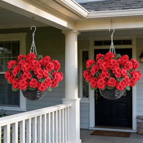 GLIDLION 2 Set Artificial Geraniums Flowers with Hanging Baskets for Outdoors - Sun Resistant Silk with Geranium Flowers, Fake Hanging Planters for Front Porch Garden Patio Home Decor (Red) in Saudi Arabia