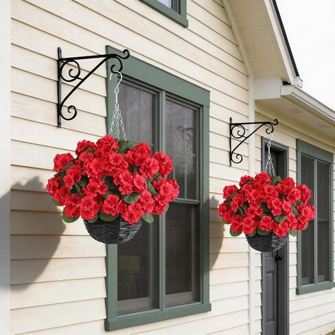 GLIDLION 2 Set Artificial Geraniums Flowers with Hanging Baskets for Outdoors - Sun Resistant Silk with Geranium Flowers, Fake Hanging Planters for Front Porch Garden Patio Home Decor (Red) in Saudi Arabia