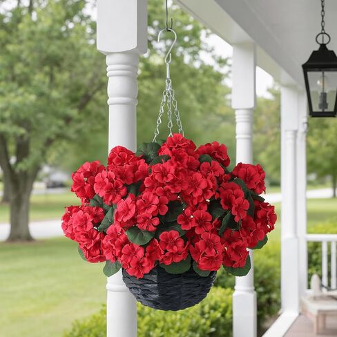 GLIDLION 2 Set Artificial Geraniums Flowers with Hanging Baskets for Outdoors - Sun Resistant Silk with Geranium Flowers, Fake Hanging Planters for Front Porch Garden Patio Home Decor (Red) in Saudi Arabia