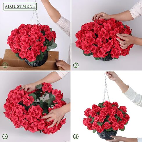 GLIDLION 2 Set Artificial Geraniums Flowers with Hanging Baskets for Outdoors - Sun Resistant Silk with Geranium Flowers, Fake Hanging Planters for Front Porch Garden Patio Home Decor (Red) in Saudi Arabia