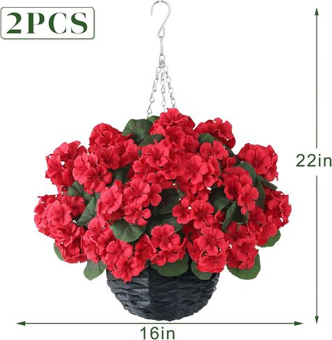 GLIDLION 2 Set Artificial Geraniums Flowers with Hanging Baskets for Outdoors - Sun Resistant Silk with Geranium Flowers, Fake Hanging Planters for Front Porch Garden Patio Home Decor (Red) in Saudi Arabia