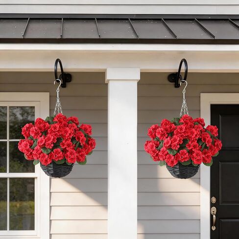 GLIDLION 2 Set Artificial Geraniums Flowers with Hanging Baskets for Outdoors - Sun Resistant Silk with Geranium Flowers, Fake Hanging Planters for Front Porch Garden Patio Home Decor (Red) in Saudi Arabia