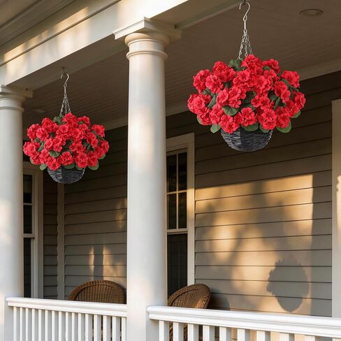 GLIDLION 2 Set Artificial Geraniums Flowers with Hanging Baskets for Outdoors - Sun Resistant Silk with Geranium Flowers, Fake Hanging Planters for Front Porch Garden Patio Home Decor (Red) in Saudi Arabia
