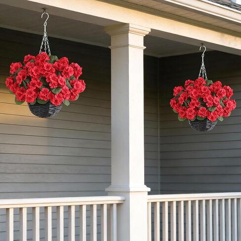 GLIDLION 2 Set Artificial Geraniums Flowers with Hanging Baskets for Outdoors - Sun Resistant Silk with Geranium Flowers, Fake Hanging Planters for Front Porch Garden Patio Home Decor (Red) in Saudi Arabia
