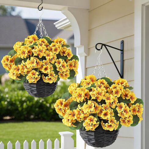 GLIDLION 2 Set Artificial Geraniums Flowers with Hanging Baskets for Outdoors - Sun Resistant Silk with Geranium Flowers, Fake Hanging Planters for Front Porch Garden Patio Home Decor (Red) in Saudi Arabia
