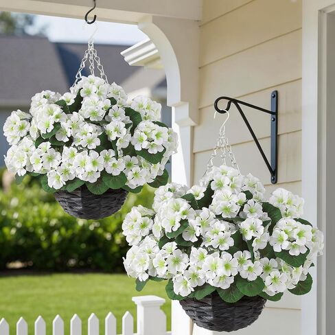 GLIDLION 2 Set Artificial Geraniums Flowers with Hanging Baskets for Outdoors - Sun Resistant Silk with Geranium Flowers, Fake Hanging Planters for Front Porch Garden Patio Home Decor (Red) in Saudi Arabia