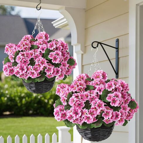GLIDLION 2 Set Artificial Geraniums Flowers with Hanging Baskets for Outdoors - Sun Resistant Silk with Geranium Flowers, Fake Hanging Planters for Front Porch Garden Patio Home Decor (Red) in Saudi Arabia