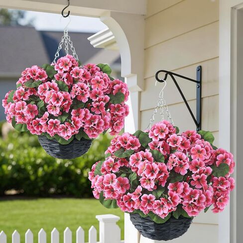 GLIDLION 2 Set Artificial Geraniums Flowers with Hanging Baskets for Outdoors - Sun Resistant Silk with Geranium Flowers, Fake Hanging Planters for Front Porch Garden Patio Home Decor (Red) in Saudi Arabia