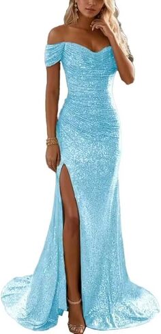 Sparkly Mermaid Prom Dresses for Women Long Bodycon Sequin Gowns Off Shoulder Glitter Evening Gowns with Slit in Saudi Arabia