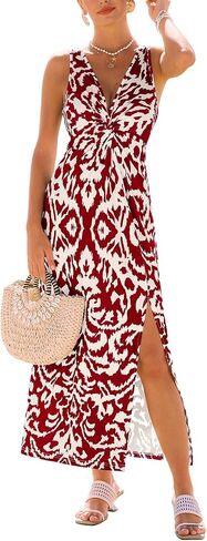 CUPSHE Women's Boho Summer Dress V Neck Sleeveless Midi Sundress Floral Beach Vacation Dress Slit Casual Flowy Dress in Kuwait