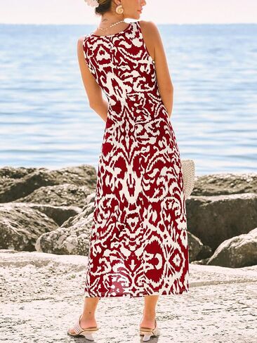 CUPSHE Women's Boho Summer Dress V Neck Sleeveless Midi Sundress Floral Beach Vacation Dress Slit Casual Flowy Dress in Kuwait