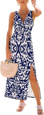 CUPSHE Women's Boho Summer Dress V Neck Sleeveless Midi Sundress Floral Beach Vacation Dress Slit Casual Flowy Dress in Kuwait