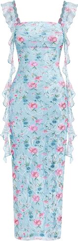 PRETTYGARDEN Floral Dress for Women 2026 Summer Formal Ruched Lace Ruffle Spring Cocktail Wedding Guest Maxi Long Dresses in Kuwait