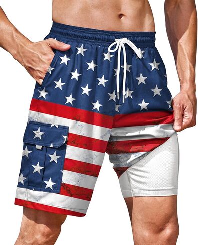 Arvilhill Mens American Flag Swim Trunks Patriotic Elastic Waist Compression Liner 9 Inch Beach Shorts (S-3XL) in Saudi Arabia