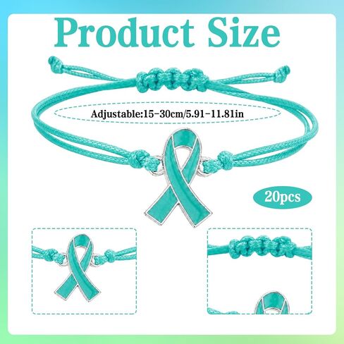 20 Pcs Ovarian Cancer Awareness Adjustable Bracelets, Sexual Assault, Ptsd Teal Ribbon Gifts For Patients Survivor, Inspirational, Encouragement, Thoughtful Gift for Public Event Advocacy in Saudi Arabia
