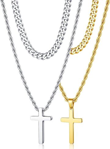 M MOOHAM 4Pcs Cross Necklace for Men, Stainless Steel Mens Cross Chain Layered Silver Gold Black Chain Necklaces Jewelry Gifts for Mens Teen Boys 18-22 Inches in Kuwait