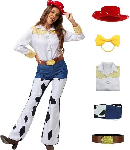 PAINEOMN Jessie Costume Women Toy Cowgirl Story Cosplay Jessie Hat Shirt Jeans Belt Bow Set Cow Print Pants Halloween Outfits 2XL in Saudi Arabia