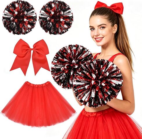 Women's Cheerleader Costume Set – Red Tulle Skirt with Pom Poms & Bow Headband, Halloween Outfit for Sports Games World Cup Basketball Football in Saudi Arabia