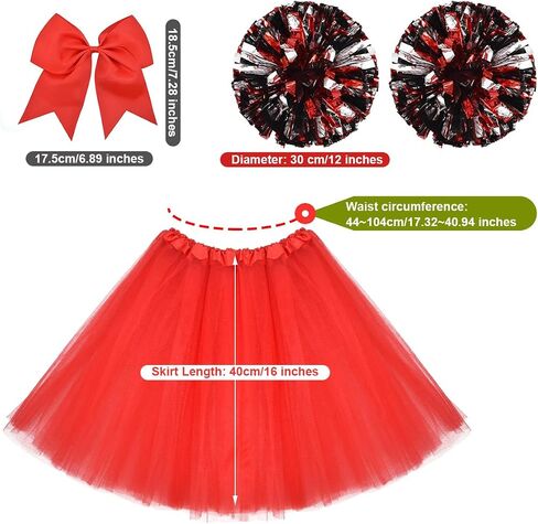 Women's Cheerleader Costume Set – Red Tulle Skirt with Pom Poms & Bow Headband, Halloween Outfit for Sports Games World Cup Basketball Football in Saudi Arabia