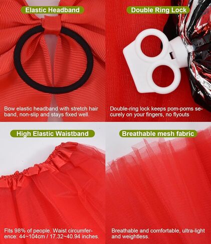 Women's Cheerleader Costume Set – Red Tulle Skirt with Pom Poms & Bow Headband, Halloween Outfit for Sports Games World Cup Basketball Football in Saudi Arabia