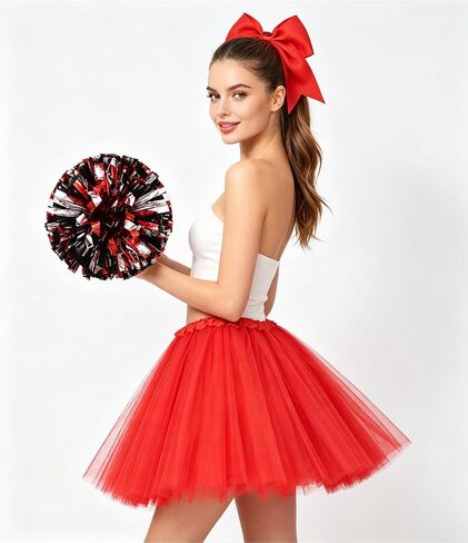 Women's Cheerleader Costume Set – Red Tulle Skirt with Pom Poms & Bow Headband, Halloween Outfit for Sports Games World Cup Basketball Football in Saudi Arabia