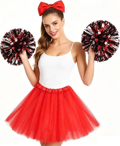 Women's Cheerleader Costume Set – Red Tulle Skirt with Pom Poms & Bow Headband, Halloween Outfit for Sports Games World Cup Basketball Football in Saudi Arabia