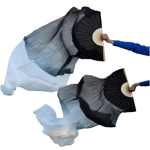 Women 1 Pair(Left+Right) 180 * 90 CM Belly Dance Fan Veil Silk (Black white) in Saudi Arabia