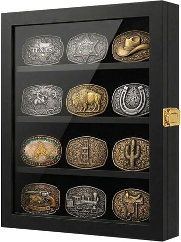 Adjustable Belt Buckle Display Case with Acrylic Door, Wall-Mounted Wooden Shadow Box for Collectibles – Black Picture Frame Style Holder for Western Belt Buckles in Kuwait