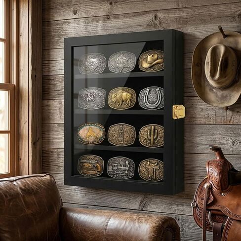 Adjustable Belt Buckle Display Case with Acrylic Door, Wall-Mounted Wooden Shadow Box for Collectibles – Black Picture Frame Style Holder for Western Belt Buckles in Kuwait