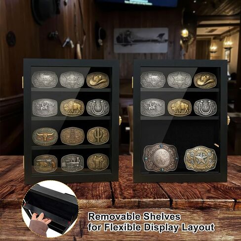 Adjustable Belt Buckle Display Case with Acrylic Door, Wall-Mounted Wooden Shadow Box for Collectibles – Black Picture Frame Style Holder for Western Belt Buckles in Kuwait