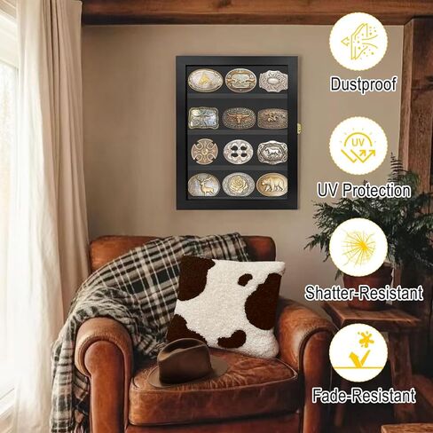 Adjustable Belt Buckle Display Case with Acrylic Door, Wall-Mounted Wooden Shadow Box for Collectibles – Black Picture Frame Style Holder for Western Belt Buckles in Kuwait